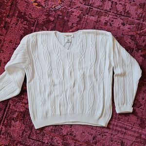 Talbot's White V-Neck 100% Cotton Cable Sweater S